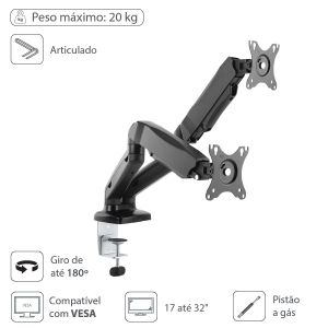 SUPORTE ARTICULADO PARA 2 MONITORES DE 17 A 32" C/ PISTÃO A GÁS - SM-341B