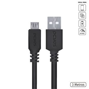 CABO MICRO USB PARA USB A 2.0 - PRETO - 3 METROS - PMUAP-3