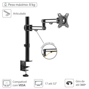 SUPORTE ARTICULADO PARA MONITOR DE 17 A 32" COM ROTAÇÃO 360° - SM400A