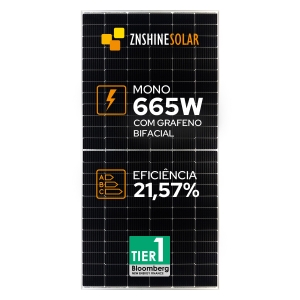 PAINEL SOLAR FOTOVOLTAICO ZNSHINE 665W 132 CELULAS MONO ZXM8-TPLDD132-665/M COM GRAFENO BIFACIAL