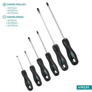 JOGO DE CHAVES FENDA E PHILLIPS 6 PEÇAS - PONTAS MAGNETIZADAS